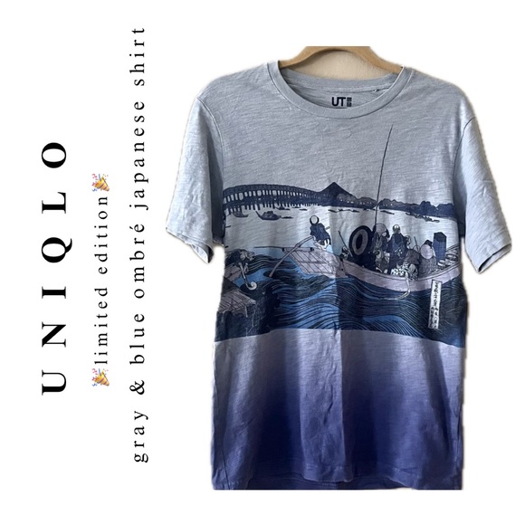 (men) uniqlo • 🎉LE🎉 hokusai blue gray ombré japanese graphic oversized tshirt - Picture 2 of 11